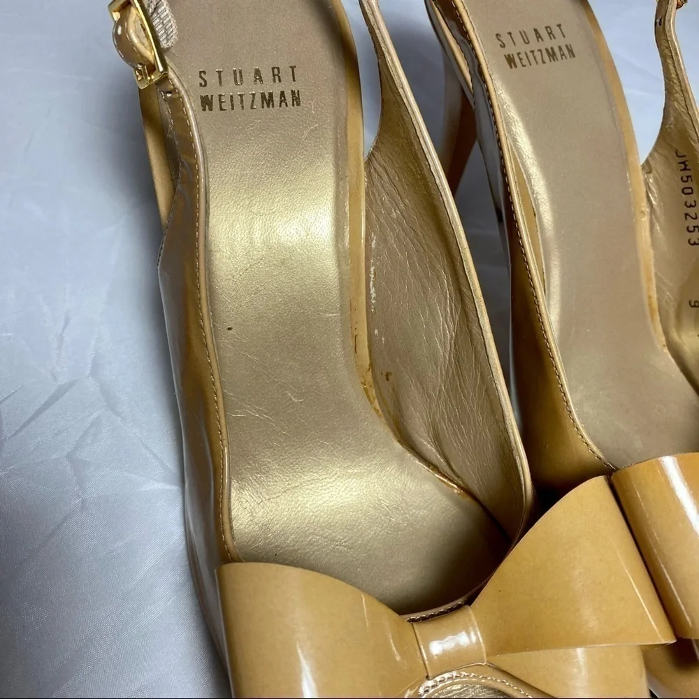 Stuart Weitzman patent leather sling back peep toe heels with bow size 9
